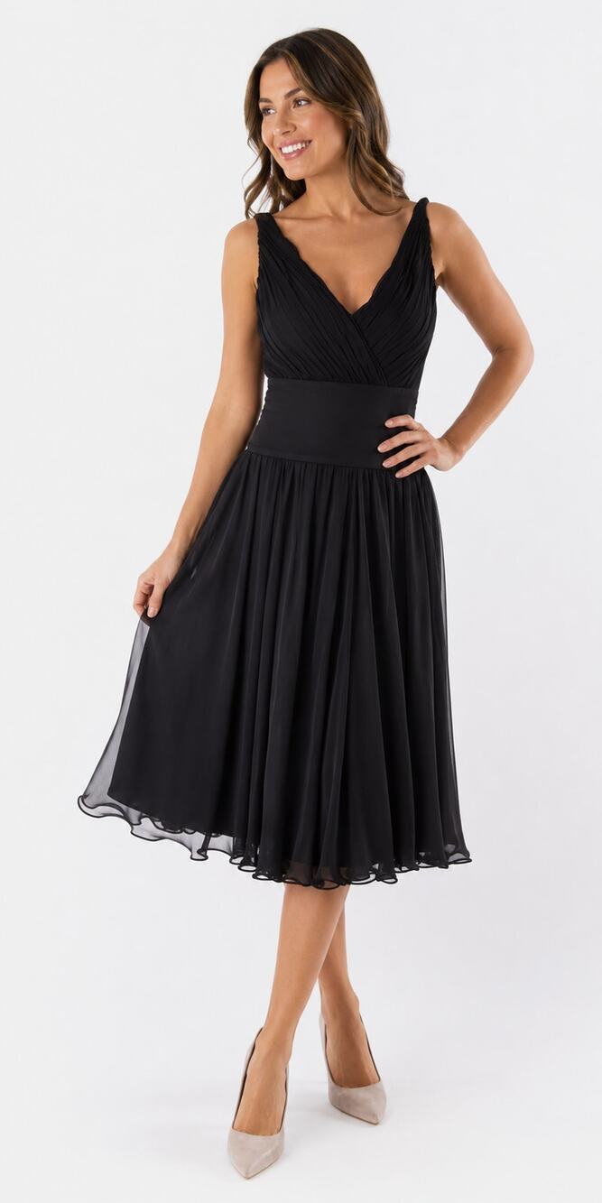 Tadashi Collection Silk Pleated V-Neck Cocktail Dress Black Womens Size 12